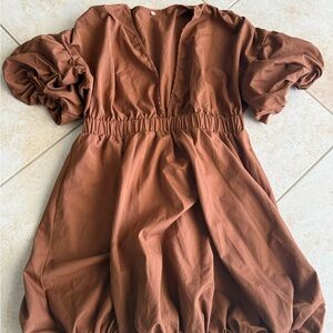 Stylish Brown Bubble Dress with deep V neckline